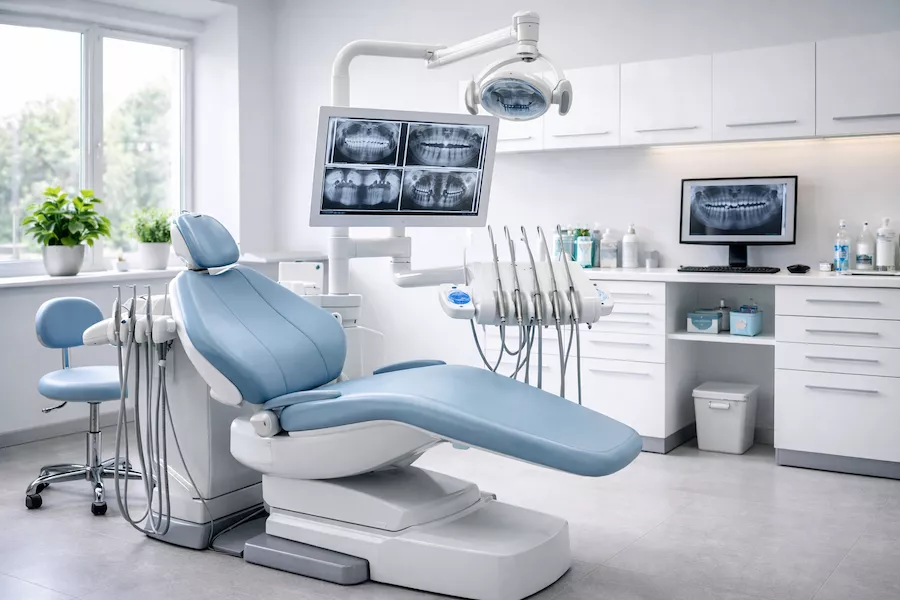 Tandvårdsklinik med modern behandlingsutrustning – ljus miljö med digital röntgen, ergonomisk behandlingsstol och organiserade instrument.